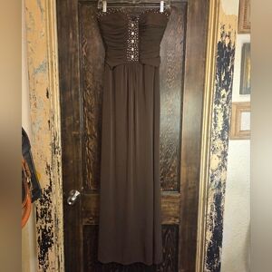 BCBG Strapless Brown Maxi Dress, Ruched Bodice w/Beads & Rhinestones EUC Sz 2